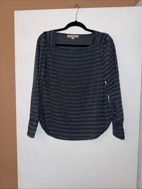 LOFT Charcoal Textured Stripe Long-Sleeve Square Neck Top